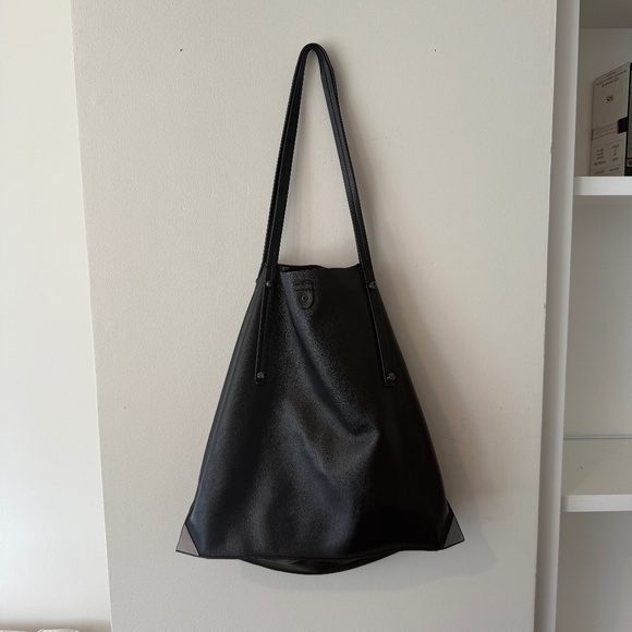 Botkier Black Leather Expandable Tote Patterned Fabric Accordion Sides - Picture 1 of 8